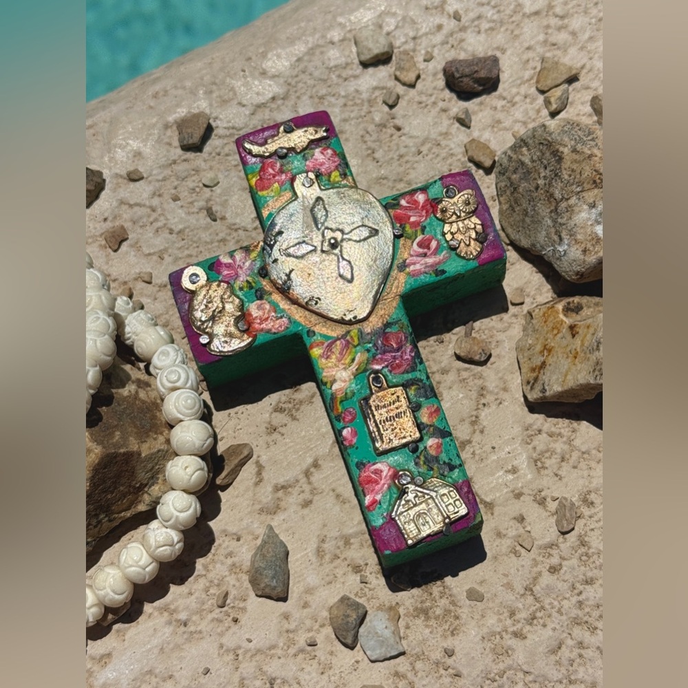Milagros Silver Metal Charm Spanish Folk Art Painted Wood Cross-Turquoise Green